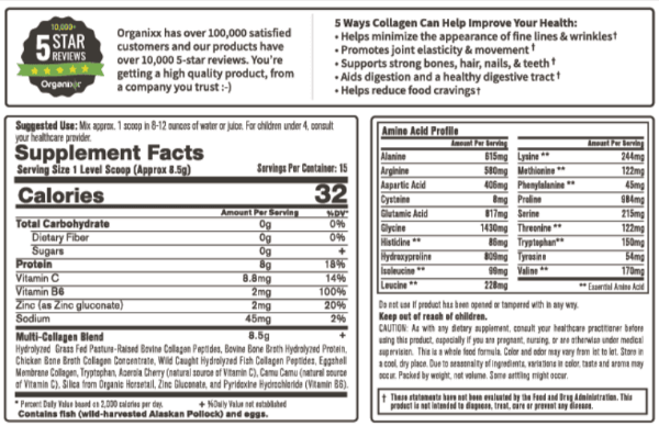 Organixx Clean Sourced Collagen Ingredients Supplement Facts